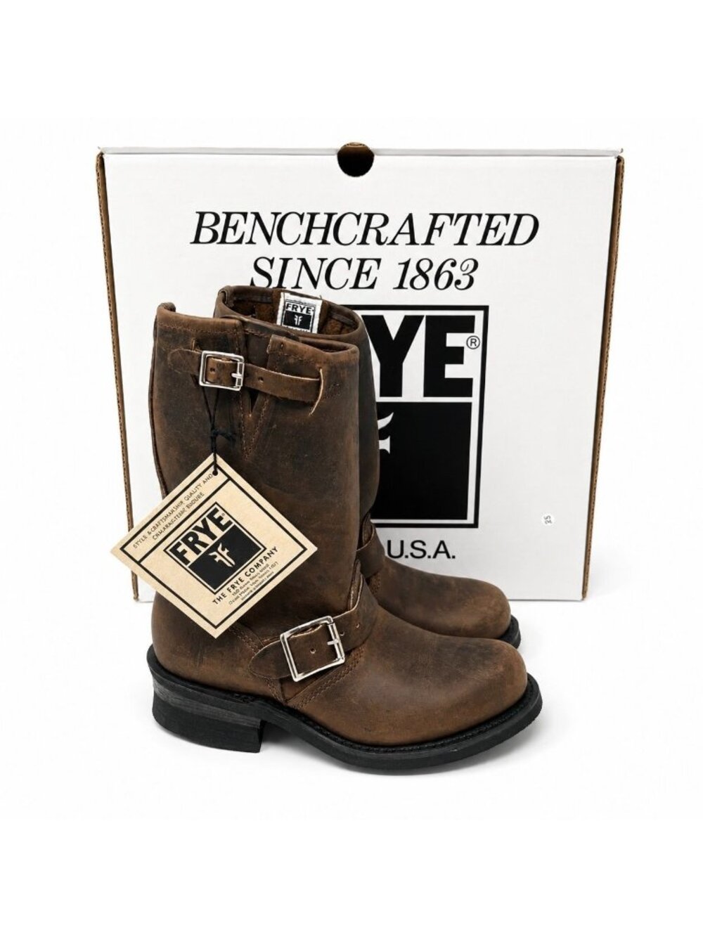 FRYE Engineer 12R Gaucho Leather Moto Boots Women 6 Brown Pull On Buckle